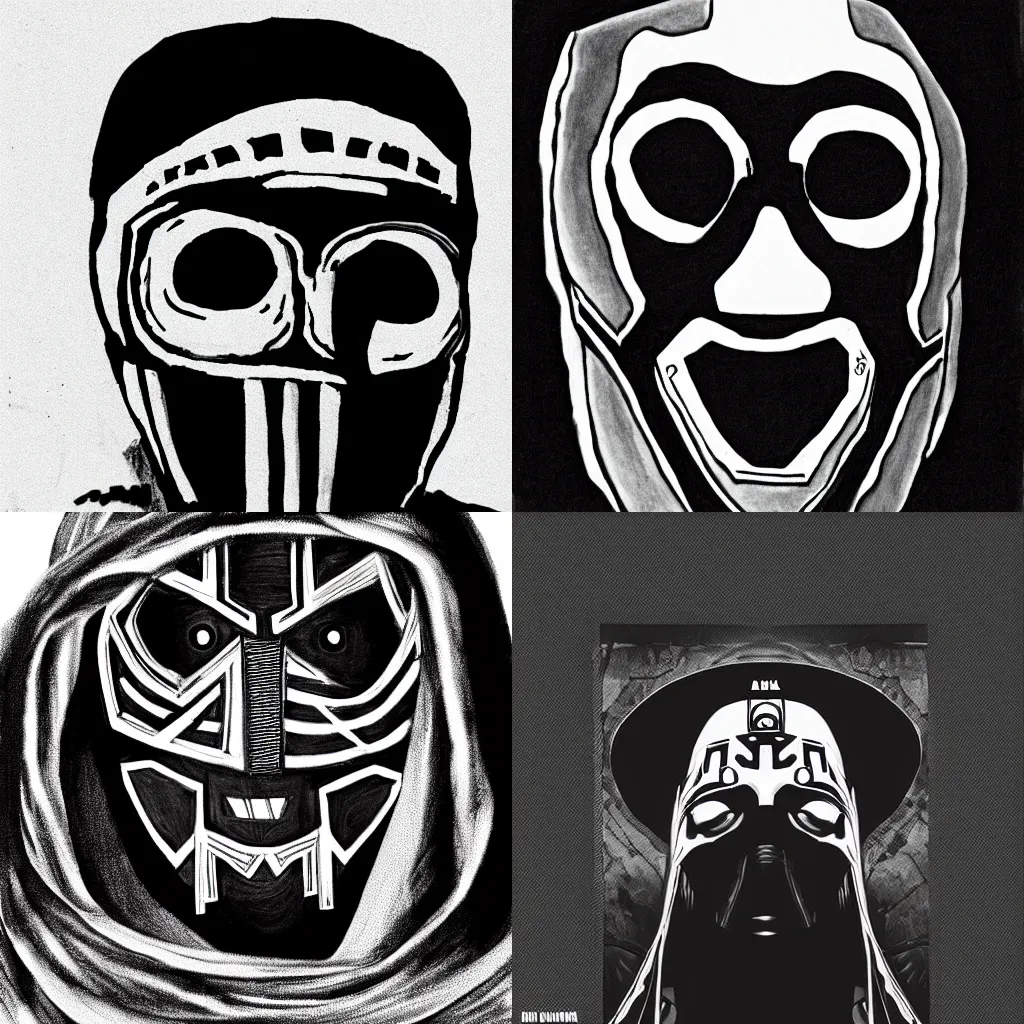 Prompt: black and white MF DOOM portrait