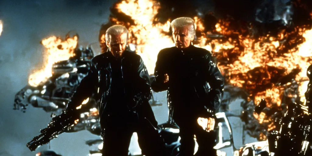 Image similar to joe biden in the terminator shooting terminator donald trump, cinematic, establishing shot, two characters facing each other, extremely high detail, photorealistic, cinematic lighting, James Cameron