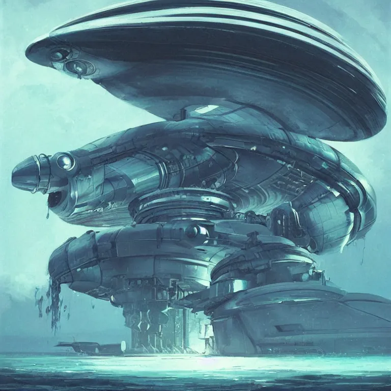 Image similar to mechanical nautilus spaceship dripping wet rising from a the ocean, sci - fi concept art, by john harris, by simon stalenhag, stunning, award winning