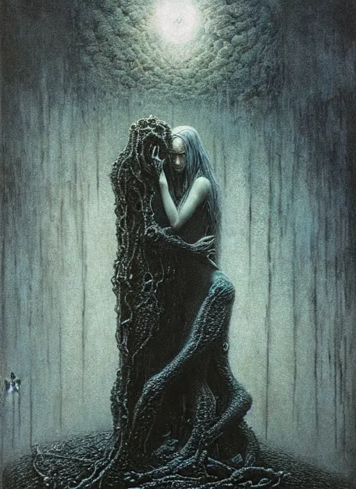 Image similar to lovecraftian man and female by Beksinski and Luis Royo