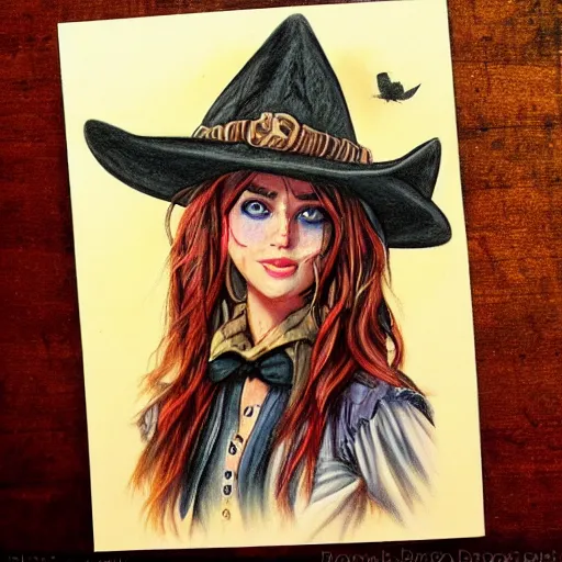 Prompt: beautiful cowboy witch, wild west, concept art, colored pencil drawing, trending on artstation