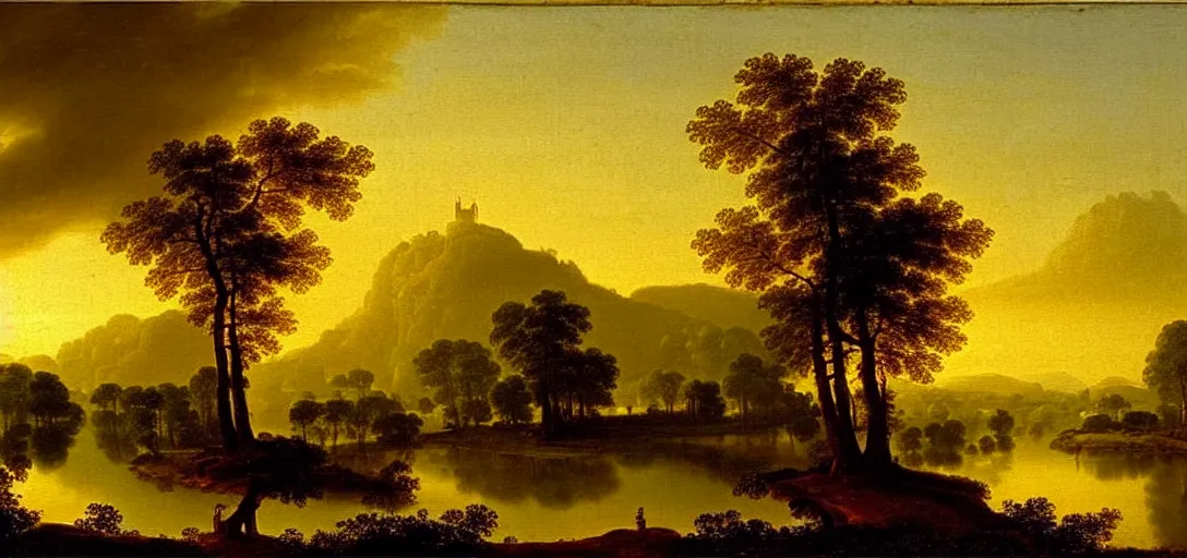 Image similar to a forest with diamond trees at sunset there is golden castle off in the distance, highly detailed landscape painting by claude lorrain, golden hour, misty ominous atmosphere