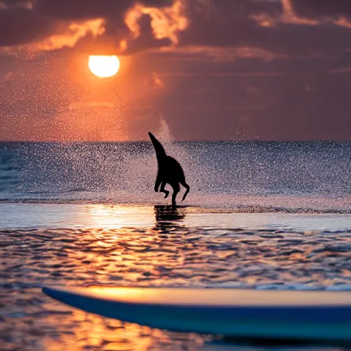 Prompt: a cat that is on a surfboard in the sea in Hawaii during golden hour, epic lighting
