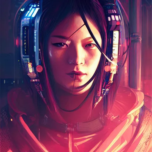 Image similar to portrait of a fierce dangerous cyberpunk hacker cyborg samurai in neotokyo at night, futuristic cyberpunk tokyo night, sci - fi and fantasy, intricate and very beautiful, highly detailed, digital painting, artstation, concept art, smooth and sharp focus, illustration, art by tian zi and wlop and alphonse mucha