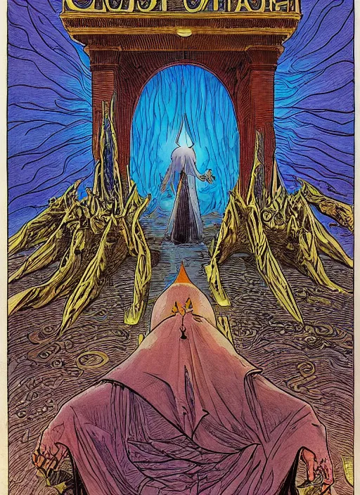 Image similar to a cult of wizards entering the portal of truth, drawing by moebius