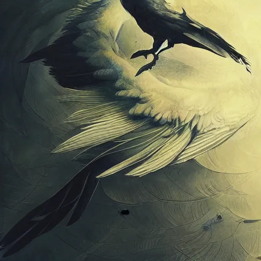 Prompt: a simple white crow painting by Android Jones and M. C. Escher collaboration, futurist, digital art, dramatic lighting