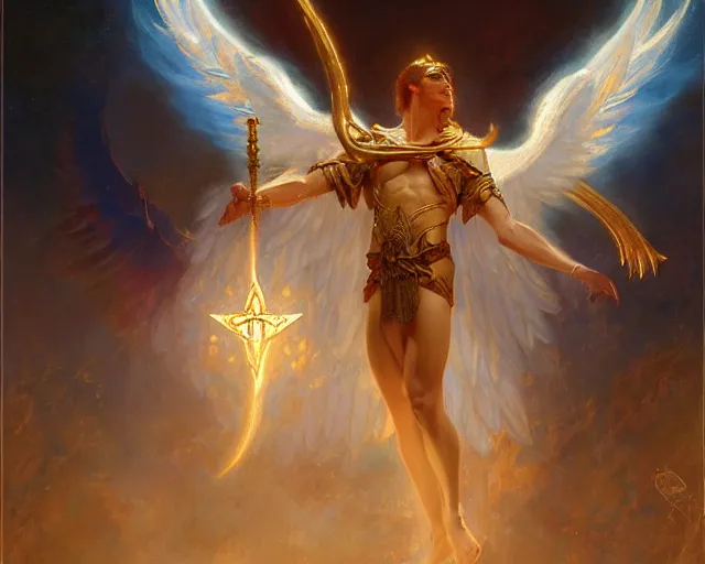 Image similar to attractive angel male deity, casting magic, summoning handsome lucifer morning star. highly detailed painting by gaston bussiere, craig mullins, j. c. leyendecker 8 k