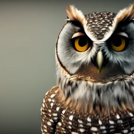 Image similar to eda the owl lady realistic photo, cinematic, unreal engine