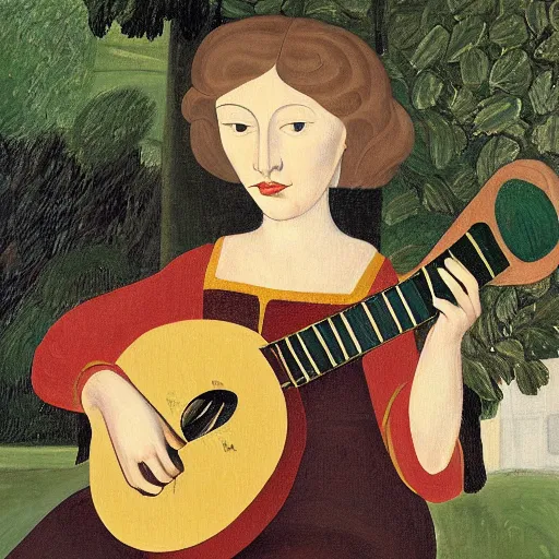 Prompt: cat with lute, sitting in the rose garden, medieval portrait, by alex katz, close up