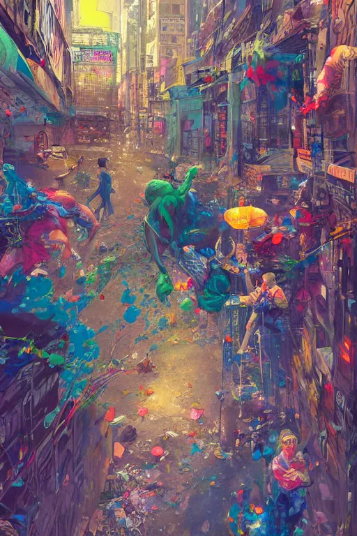 Image similar to dreamlike people in a busy city people covered by colorful graffiti paint dripping down to the floor, professional illustration by moebius, hiroshi yoshida, painterly, yoshitaka Amano, artgerm, loish, painterly, and james jean, illustration, moon lighting, masterpiece