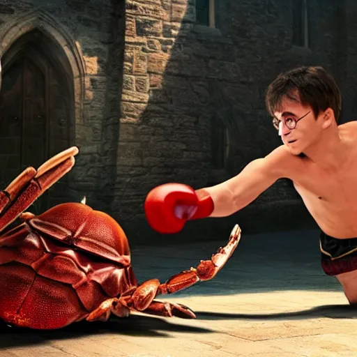 Image similar to harry potter boxing against a giant crab, cinematic shot, realism, 4 k, award winning photograph