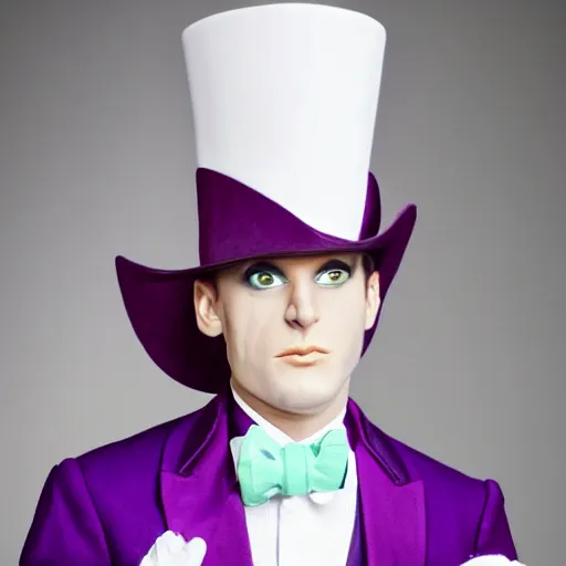 Image similar to a purple skinned tiefling wearing a white suit and tophat