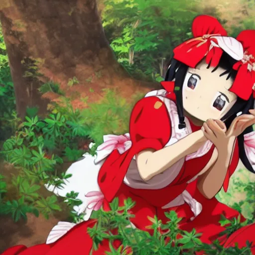 Image similar to a sakuga of reimu in the jungle wearing bonnet