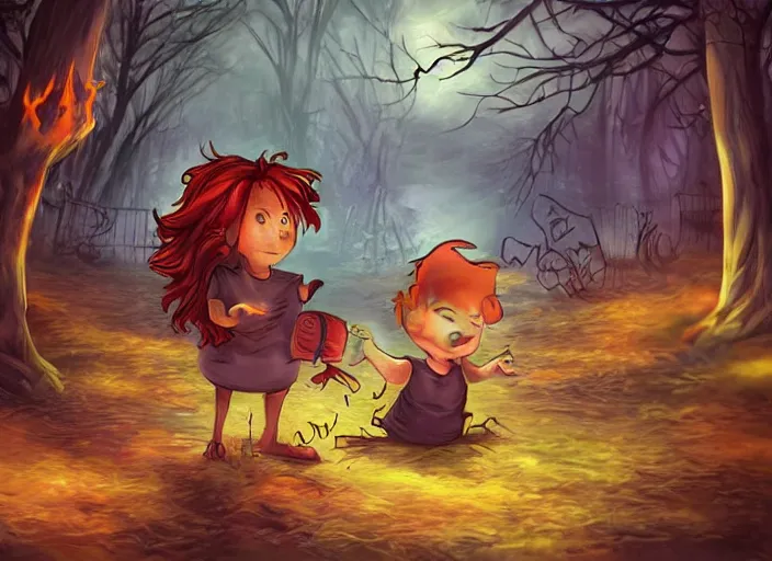 Prompt: little impish friend with fiery hair and matches leads into a spooky neighborhood digital art concept art highly realistic