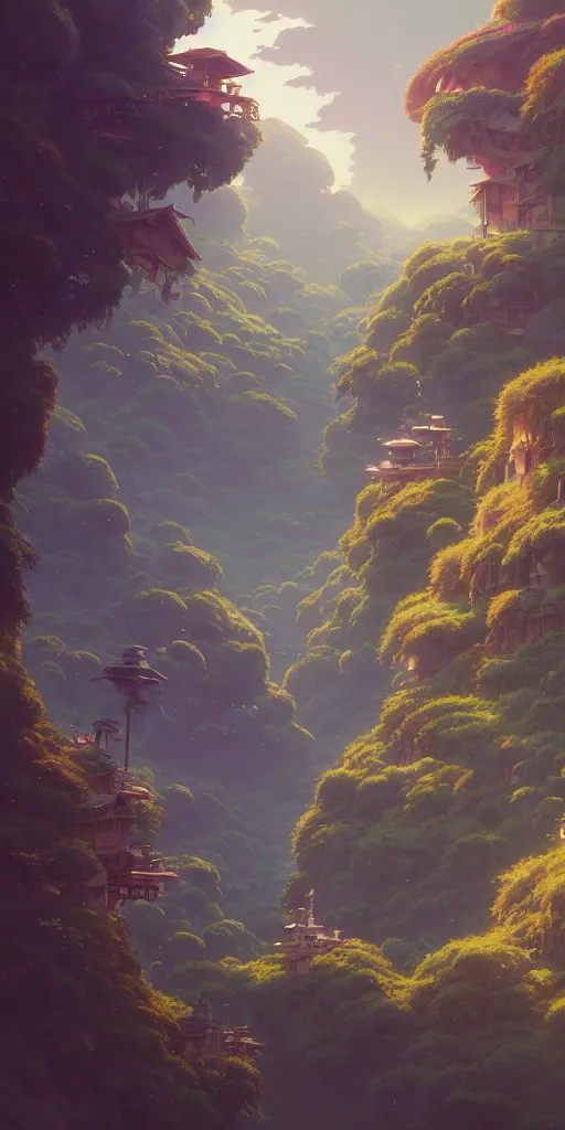 Image similar to highly detailed vfx panoramic landscape of studio ghibli, stephen bliss, unreal engine, greg rutkowski, loish, rhads, beeple, makoto shinkai and lois van baarle, ilya kuvshinov, rossdraws, tom bagshaw, alphonse mucha, global illumination, detailed and intricate environment