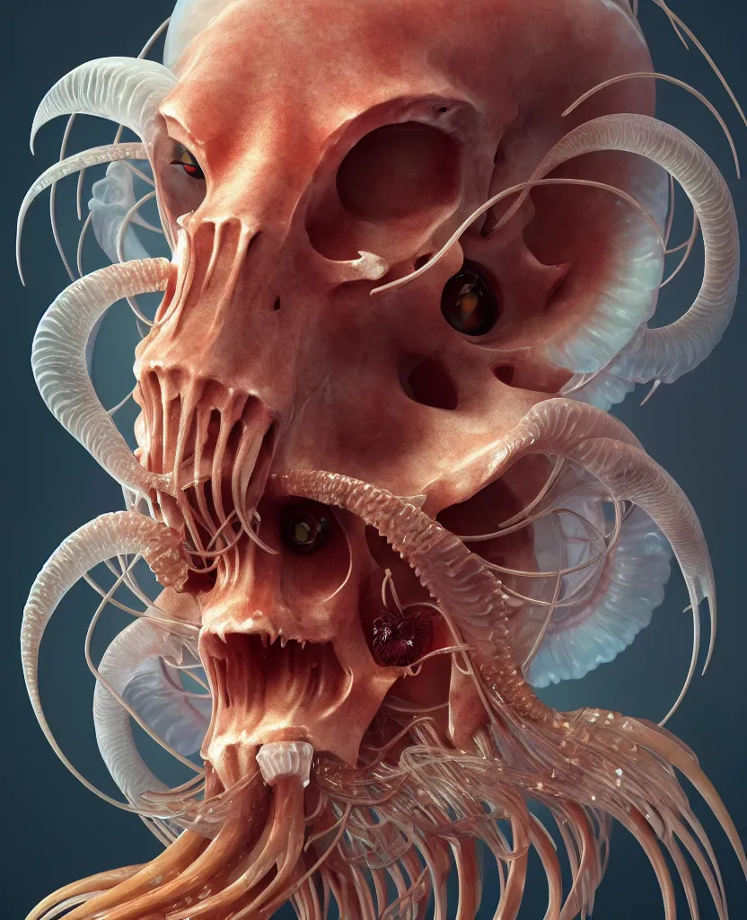 Image similar to goddess close-up portrait ram skull. jellyfish phoenix head, nautilus, orchid, ram skull, betta fish, bioluminiscent creatures, intricate artwork by Tooth Wu and wlop and beeple. octane render, trending on artstation, greg rutkowski very coherent symmetrical artwork. cinematic, hyper realism, high detail, octane render, 8k