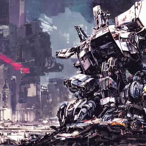 Image similar to destroyed mecha junkyard, matte painting, by yoji shinkawa