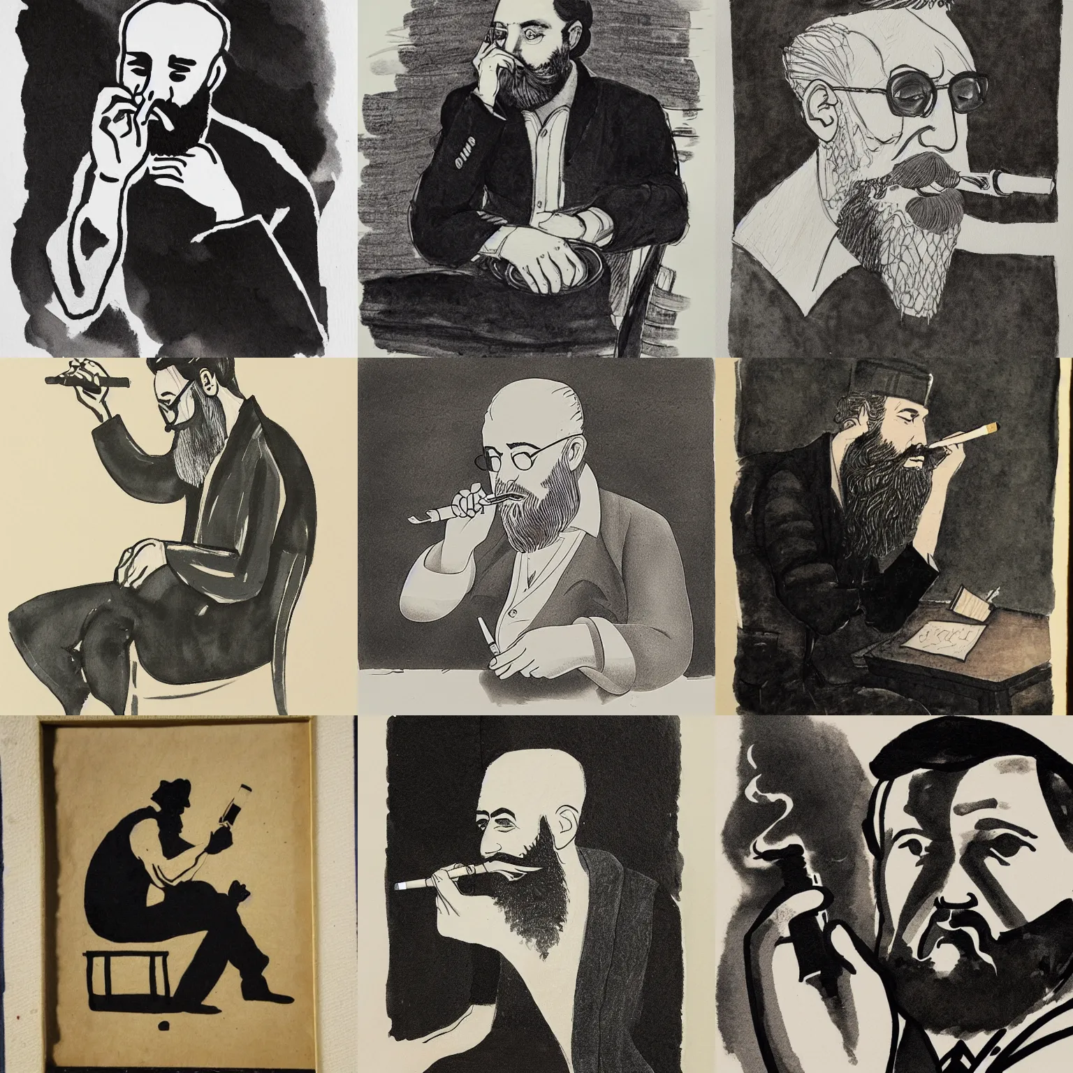 Prompt: ink painting of a writer with a beard sitting, he is smoking a cigarette, he is holding a bottle in his other hand