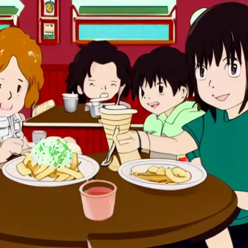 Prompt: a young girl eats a poutine in a greasy spoon restaurant, studio ghibli style