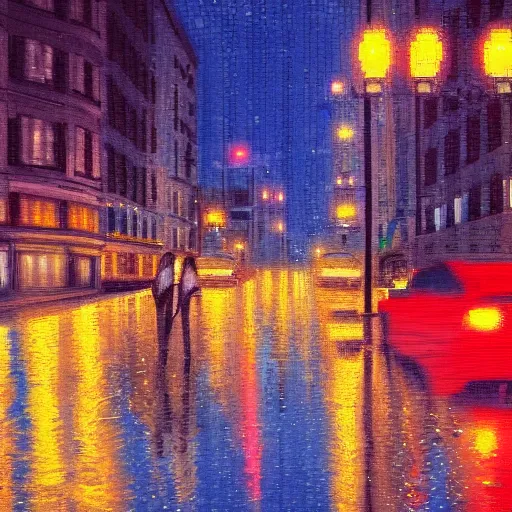 Image similar to pixelart rainy night in the city, reflections