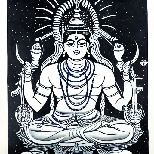 Prompt: an extremely detailed line art of lord shiva, holding his trident, moon in his crown, himalayas in background.