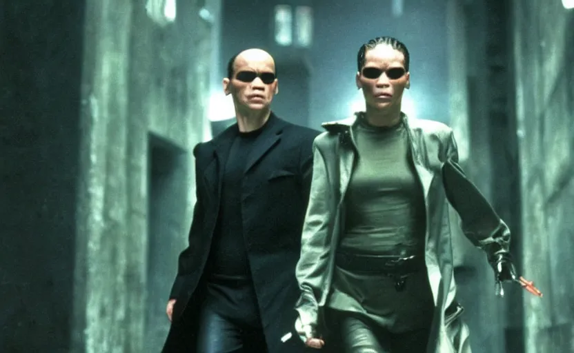 Prompt: film still of Goldie MBE as Neo in The Matrix, 8k,