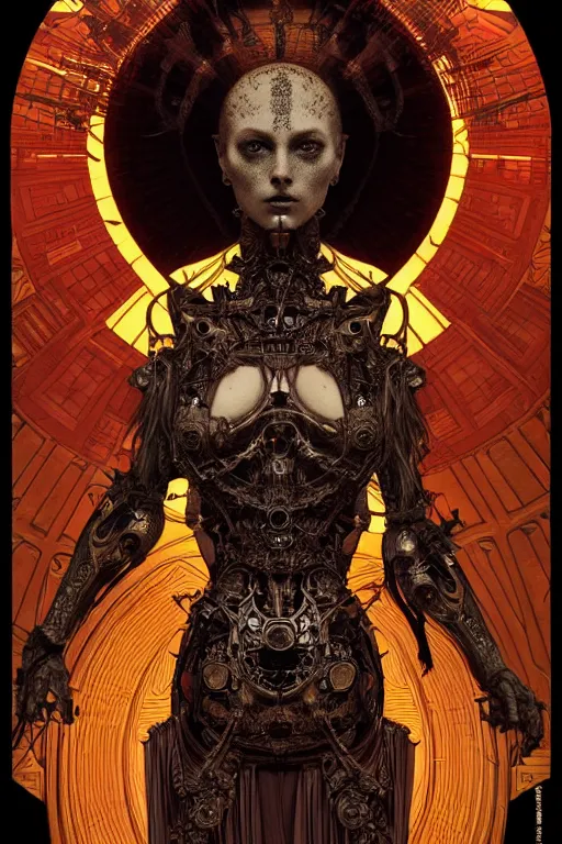 Image similar to beautiful hierophant girl tarot card portrait, scorn themed dark sf biomechanical, intricate artwork masterpiece, ominous, dramatic horror cinematic lighting, volumetric 8 k, by alphonse mucha, apollonia saintclair, josan gonzalez, artgerm, edmund leighton, kilian eng, trending on cgsociety, octane render, 8 k