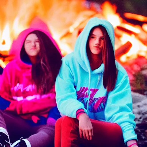 Prompt: grainy 90s poloraid photo of a young woman wearing a Synthwave style hoodie near a campfire, sitting with friends; vintage image artifacts