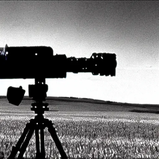 Image similar to wide view of an alien tripod walking in a field, aiming its laser at nearby peasants, 90s VHS TV still from the British series The Tripods (1984)
