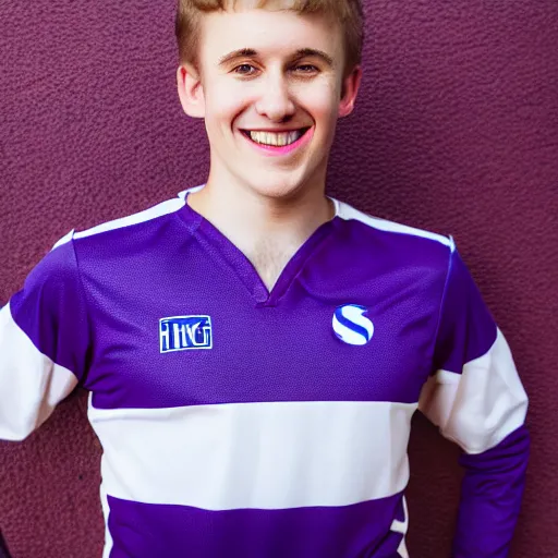 Image similar to photographic portrait of a young white male smiling with short brown hair that sticks up in the front, blue eyes, groomed eyebrows, tapered hairline, sharp jawline, wearing a purple white volleyball jersey, sigma 85mm f/1.4, 35mm, 4k, high resolution, 4k, 8k, hd, full color