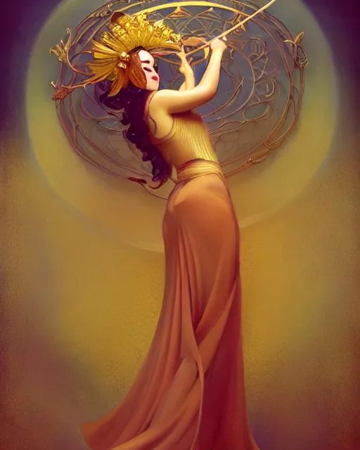 Image similar to a beautiful goldfish woman, pinup pose, long hair, tall and thin, wearing dozens of pendants and a gown of gold, small delicate crown of the sea on her head, illustration, symmetry accurate features, volumetric light clouds, ultra realist soft painting, (art nouveau), octane render, 8k, HD, by Tom Bagshaw, Brom, Charlie Bowater, faces by otto schmidt