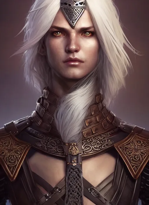 Image similar to warrior, leather armor!!! long wild white hair!! covered chest!!! fantasy, d & d, intricate ornate details, digital painting, pretty face!!, symmetry, concept art, sharp focus, illustration, art by artgerm! greg rutkowski magali villeneuve wlop! ilya kuvshinov!!, octane render