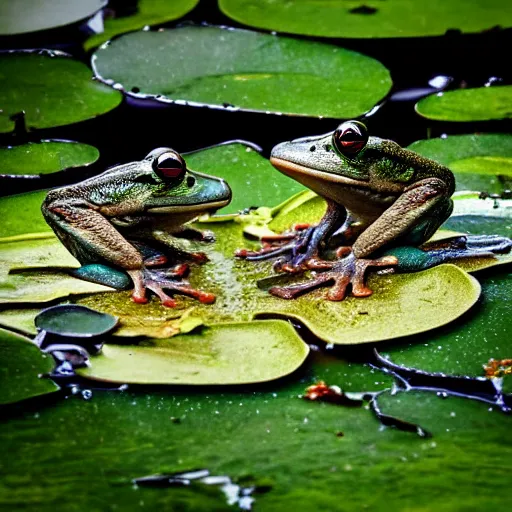 Image similar to Frogs playing banjo in the rain under a lily pad