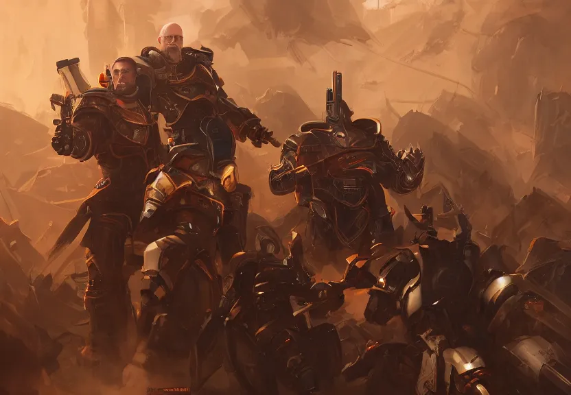 Image similar to Jeff Bezos, Elon Musk and sigmar locked in a mexican standoff, warhammer, Wlop, Artstation trending, 4k