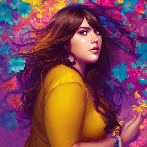 Prompt: colorful and festive captivating young plus size hispanic woman, brown long hair with bangs, wearing yellow floral blouse. full body, rich vivid colors, ambient lighting, dynamic lighting, 4 k, atmospheric lighting, painted, intricate, highly detailed by charlie bowater