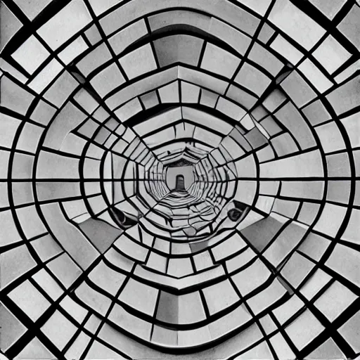 Prompt: m. c. escher rendering of a marble labyrinth, piranesi, optical illusion, trompe l'oueil, geometric right angle design, fine art photograph, architectural detail editorial photo
