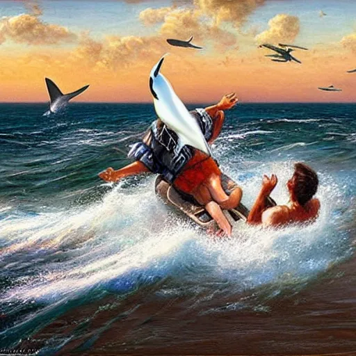 Prompt: Jesus riding a jetski being chased by sharks, painting by Jon McNaughton