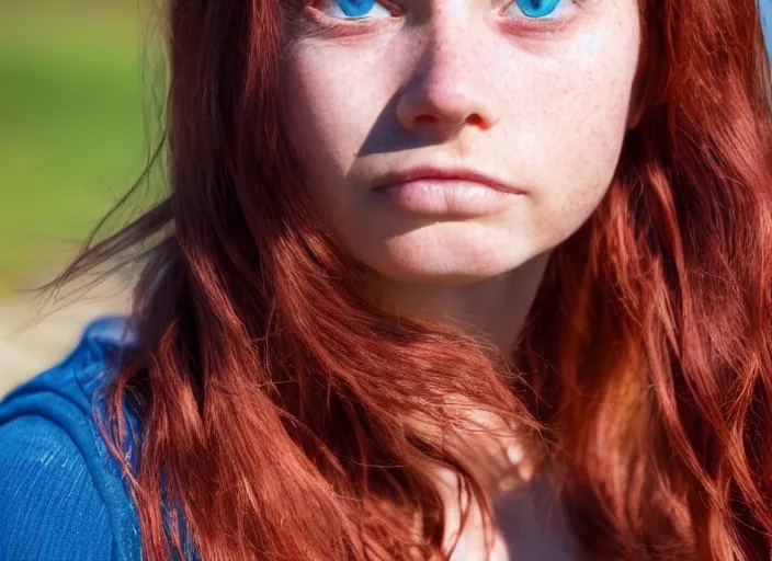 Image similar to close up portrait photograph of a thin young redhead woman with russian descent, sunbathed skin, with deep blue eyes. Wavy long maroon colored hair. she looks directly at the camera. Slightly open mouth, face takes up half of the photo. a park visible in the background. 55mm nikon. Intricate. Very detailed 8k texture. Sharp. Cinematic post-processing. Award winning portrait photography. Sharp eyes.