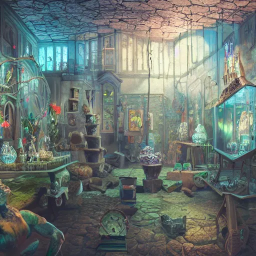 Prompt: Museum of Oddities in glass displays dimly lit Fantasy Hyper detailed digital matte painting, concept art, hyperrealism, Cinema 4D, 8k resolution, 64 megapixels, coherent, bokeh, CGSociety, ZBrush Central, behance HD, hypermaximalist, a masterpiece, 4K
