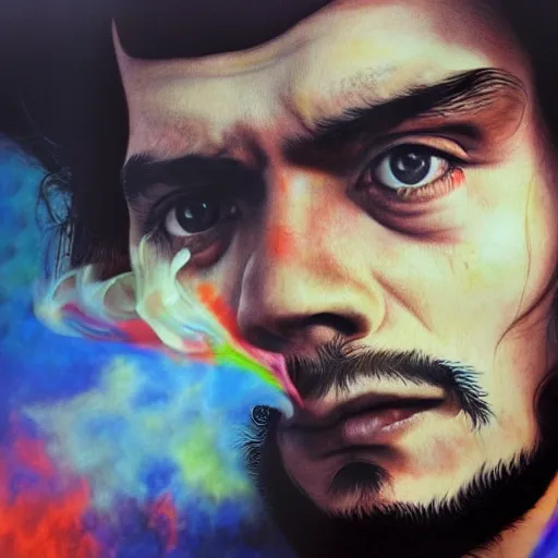 Prompt: colour masterpiece surreal closeup portrait photography of che guevara by miho hirano and annie leibovitz and michael cheval, psychedelic smoke background, 8 k