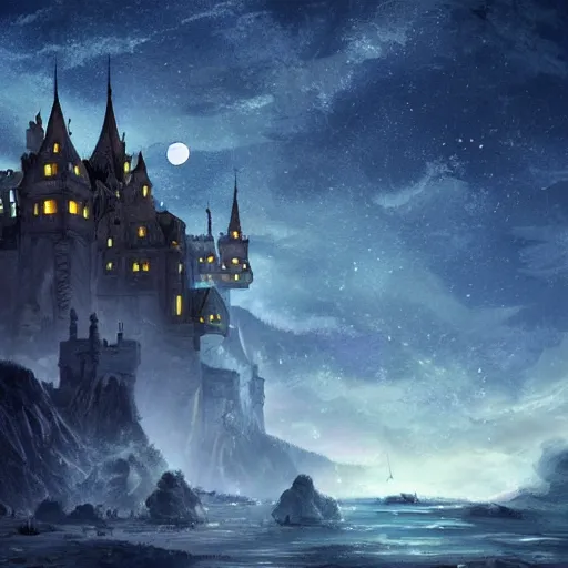 Image similar to a magnificent castle in the night sky above ocean, sense of awe, breathtaking, extremely detailed, concept art