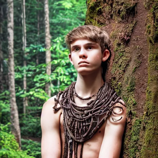 Prompt: a teenage boy, around 1 6 yo. iron necklace and sandals. natural brown hair. loincloth, pale skin. detailed face. ominous and eerie looking forest in background. natural colors. hyperrealistic photo.