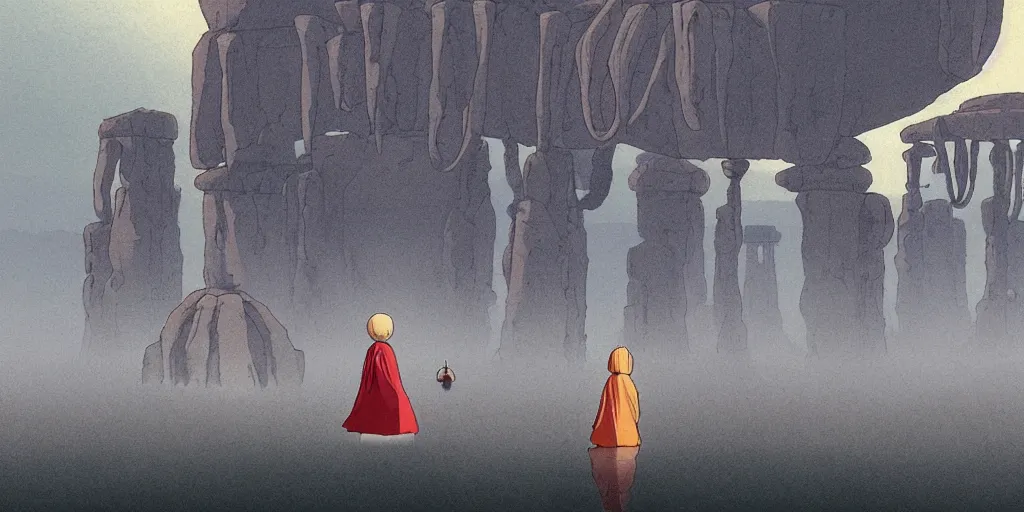 Image similar to a realistic cell - shaded studio ghibli concept art from paprika ( 2 0 0 6 ) of a flying intelligent dull mechanical octopus from close encounters of the third kind ( 1 9 7 7 ) in a flooded monument valley stonehenge. a monk in a robe is meditating in the foreground. very dull colors, wide shot, hd, 4 k, hq