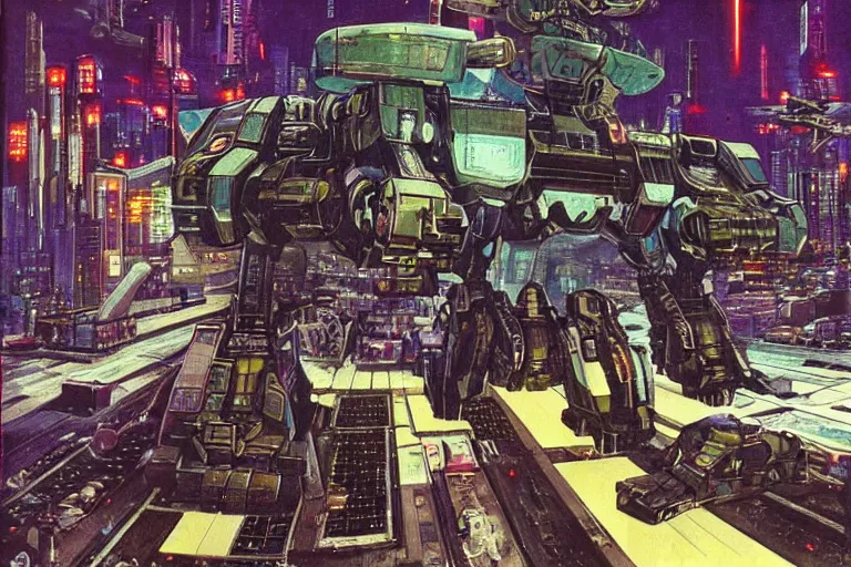 Image similar to 1 9 7 9 science fiction depicting mechwarrior in neo - tokyo. art by tim conrad and vic bonilla