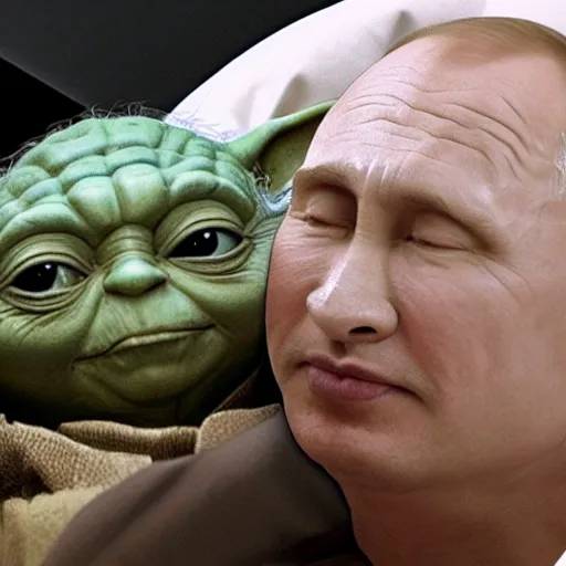 Image similar to yoda and putin sleeping in bed together