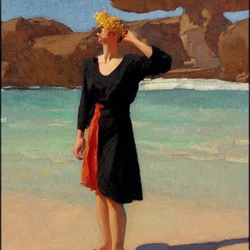 Prompt: woman on the beach, black dress, facing front, part leyendecker style, part dean cornwell style