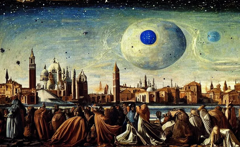 Image similar to scene from cosmologica a scifi movie by luchino visconti with mastroianni leaving the medieval cosmos to enter new universe. venice in the background. blue sky with a lot of stars and planets. cinematic, technicolor, photorealistic, direct lighting, highly intricate, extremely realistic in the style of ( ( ( renaissance cosmological painting ) ) ).