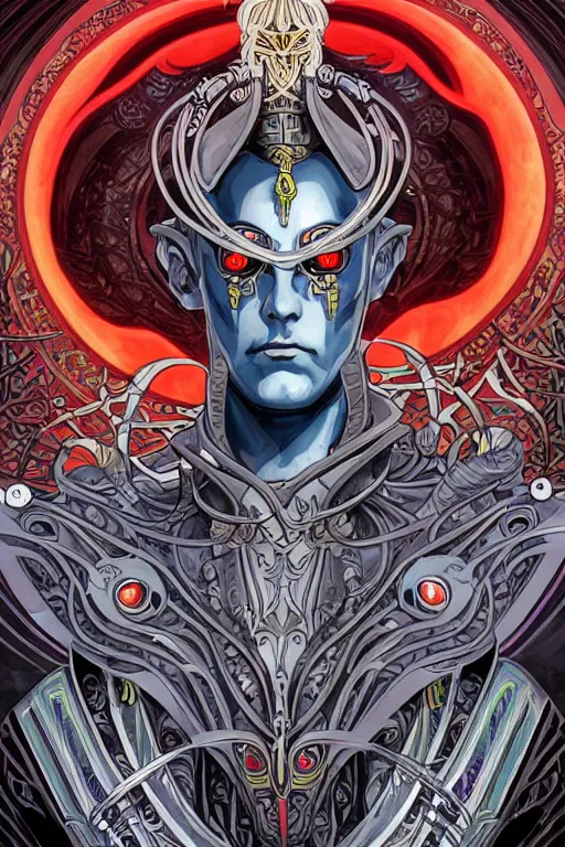 Image similar to a stunning and hypnotic full-color art nouveau and cyberpunk styled bust portrait of elric as a godlike and stoic chaos king, with violent conquering red eyes, extremely detailed aquiline facial structure, art nouveau cybernetic armor and an intricately detailed black sword of magical power, perfectly symmetrical albino facial structure and linework, handsome alien facial characteristics, by travis charesyt, michael kaluta, michael whelan and bill sienkiewicz, dark sci-fantasy, deep complexity, male face and bust, sci-fi character concept, photorealism, art nouveau framing, stunning lighting, hyperrealism, 8k