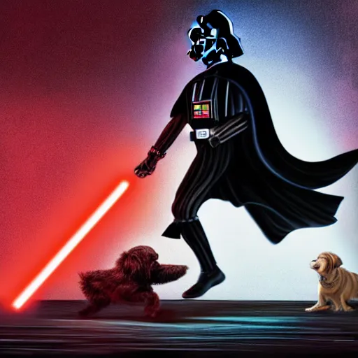 Prompt: darth vader running from a dog, cartoon artstyle, artstation, macro, highly intricate, vibrant, digital, wide shot, portrait, hd, cinematic, dramatic, ultra realistic, ultra detailed, 8 k, 4 k