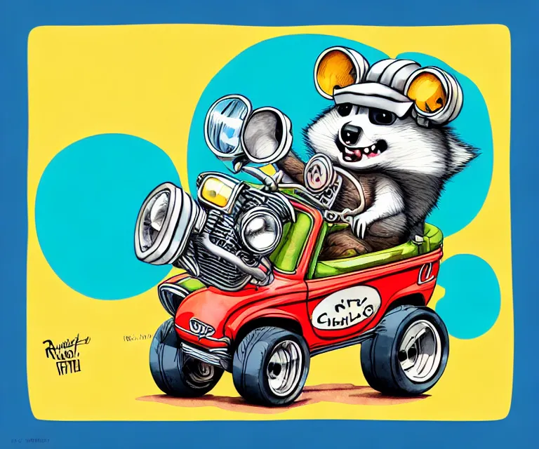 Prompt: cute and funny, racoon wearing a helmet riding in a tiny hot rod with oversized engine, ratfink style by ed roth, centered award winning watercolor pen illustration, isometric illustration by chihiro iwasaki, edited by watercolor girl, tiny details by artgerm, symmetrically isometrically centered